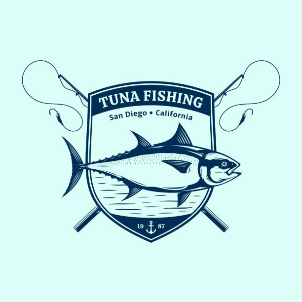 Tuna fishing badge Vector tuna fishing badge design concept big game fishing stock illustrations