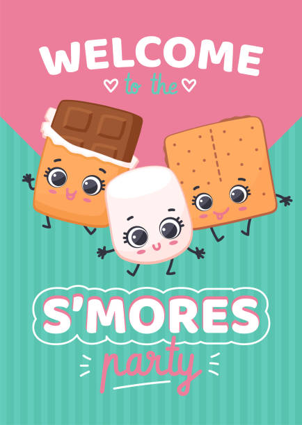 Cartoon characters chocolate, marshmallow and crackers invite on S'mores party S'mores day party poster. Cute cartoon characters of sweet dessert - biscuit, chocolate, marshmallow and graham crackers invite on unofficial holiday. Flat vector illustration. marshmallow chocolate stock illustrations