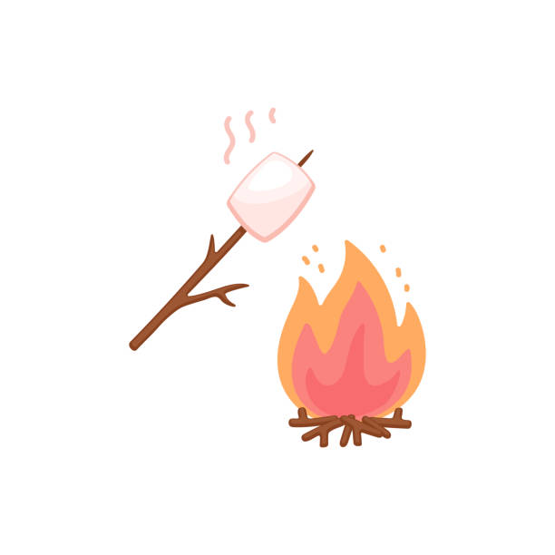 illustrations, cliparts, dessins animés et icônes de guimauve sur la torréfaction de bâton sur le feu de joie, illustration plate de vecteur d’isolement. - roasted