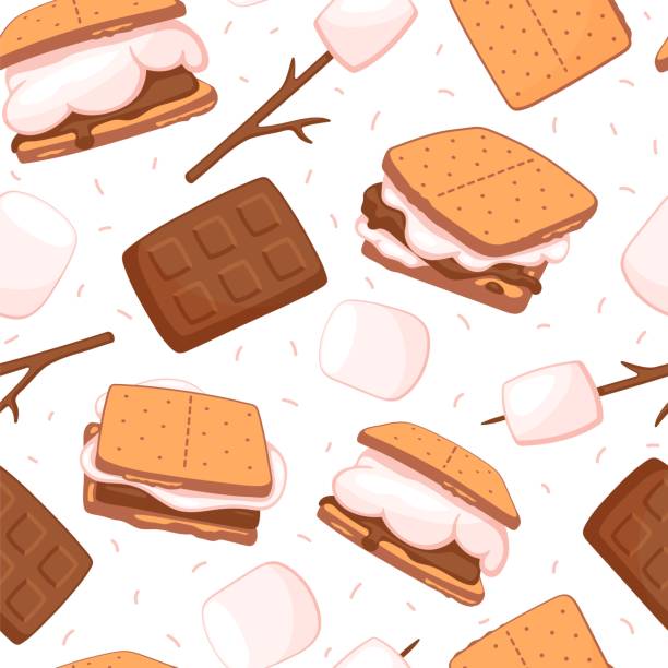 ilustrações de stock, clip art, desenhos animados e ícones de seamless background with sweet smores - sandwiches with biscuit and chocolate. - comida torrada ilustrações