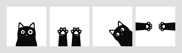 Monochrome cat silhouette banners. Set of black kitties with big eyes and two paws. Cute animal cartoon vector art.
