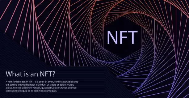Vector illustration of NFT non-fungible token concept of spiral movement lines abstract background. Vector dark web banner with twist hexagon gradient backdrop and non fungible token sign. Modern crypto art concept