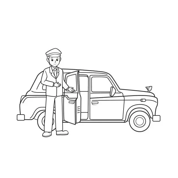 Vector illustration of Vector illustration of chauffeur, driver isolated on white background. Jobs and occupations concept. Cartoon characters. Education and school kids coloring page, printable, activity, worksheet, flashcard.