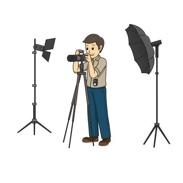 Vector illustration of Vector illustration of photographer isolated on white background. Jobs and occupations concept. Cartoon characters. Education and school kids coloring page, printable, activity, worksheet, flashcard.