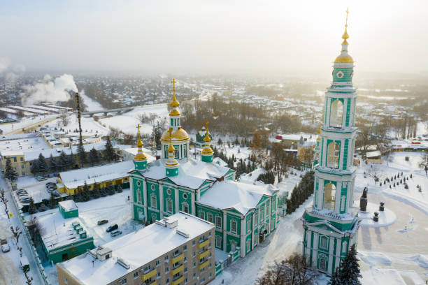Aerial view of the Spaso-Preobrazhensky Cathedral and residential buildings in Tambov Winter view from a drone of the Spaso-Preobrazhensky Cathedral in the city center and residential areas in 
Tambov, Russia tambov oblast photos stock pictures, royalty-free photos & images