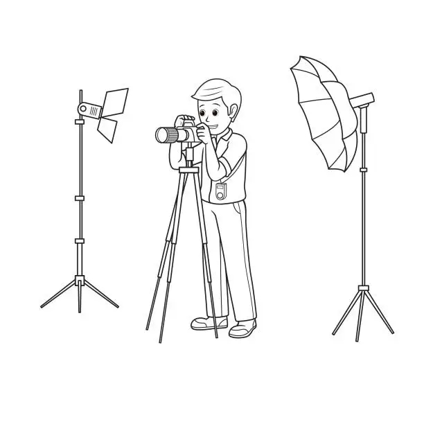 Vector illustration of Vector illustration of photographer isolated on white background. Jobs and occupations concept. Cartoon characters. Education and school kids coloring page, printable, activity, worksheet, flashcard.