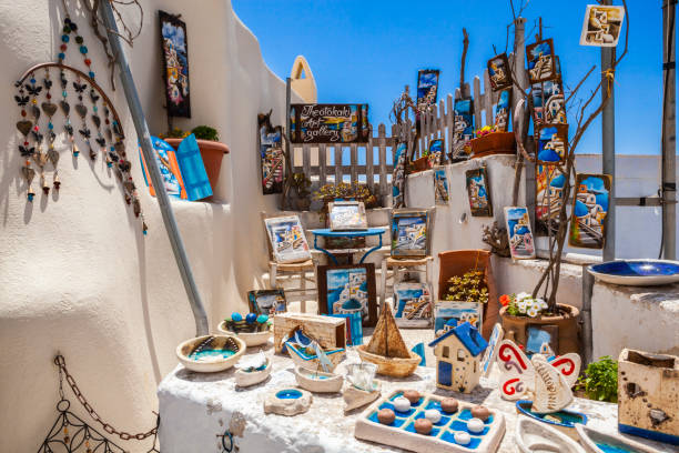 Pyrgos, Santorini Island, Greece - July 4, 2018: You can see outdoor store with many different souvenir gifts.
