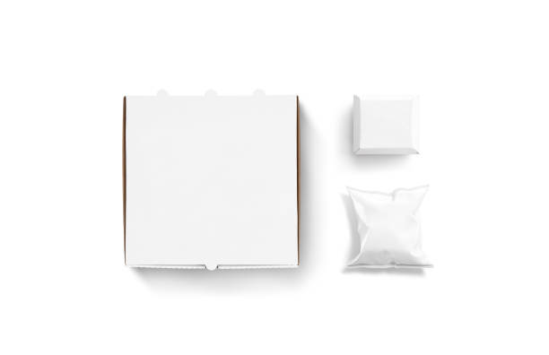 Blank white cardboard pizza, burger and chips packs set mockup