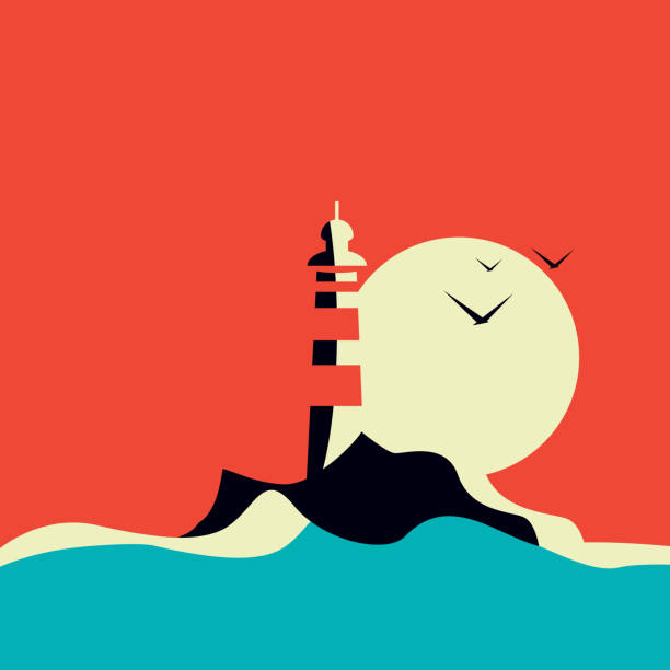 Lighthouse in the sea at sunset Lighthouse in the sea at sunset in retro or vintage style. lighthouse vacation stock illustrations