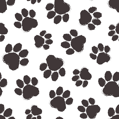 Animal paw vector seamless pattern, cartoon black silhouette paws cat or dog isolated on white background. Simple footprint. Abstract illustration