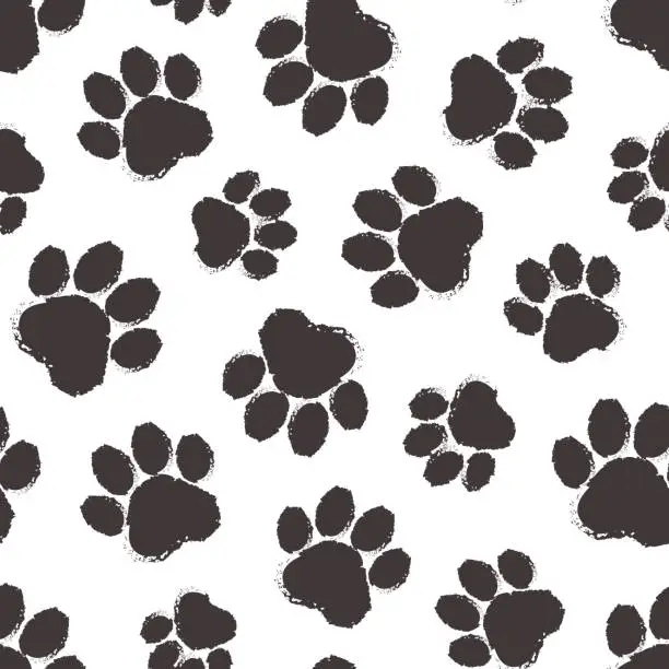 Vector illustration of Animal paw vector seamless pattern, cartoon black silhouette paws cat or dog. Simple footprint. Abstract illustration