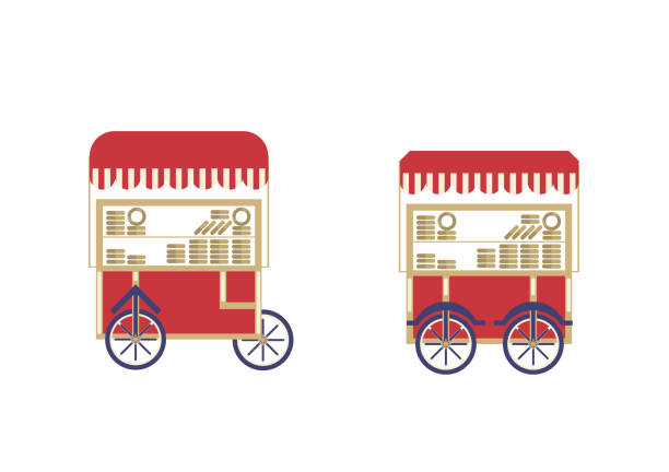 ilustrações, clipart, desenhos animados e ícones de conjunto de carrinhos tradicionais ou barracas móveis - simit