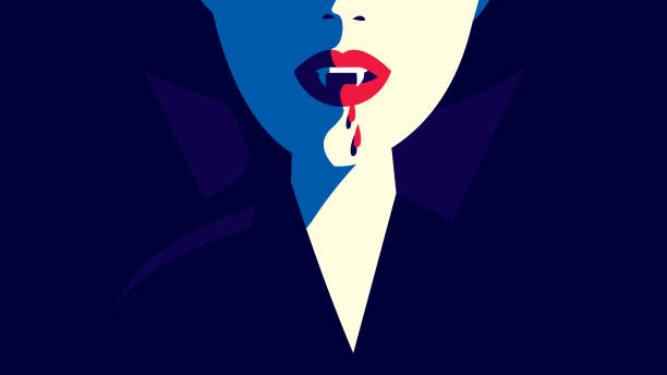 Close up of a vampire woman Close up of a vampire woman with fangs and dripping blood. Mythical character or evil. Halloween celebration concept. kissing illustrations stock illustrations