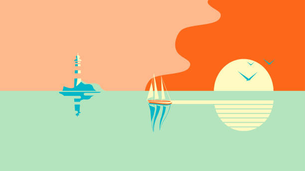Sailboat or boat floats in the sea at sunset Sailboat or boat floats in the sea at sunset. In the distance is an island or shore with a lighthouse. horizon illustrations stock illustrations