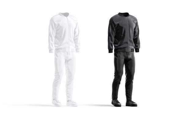 istock Blank black and white sport tracksuit with bomber, pants mockup 1313336111