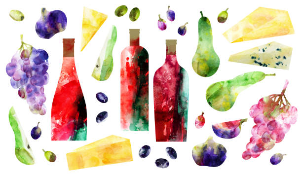 illustrazioni stock, clip art, cartoni animati e icone di tendenza di acquerello astratto bottiglie di vino rosso e illustrazione snack - grape red grape red farmers market