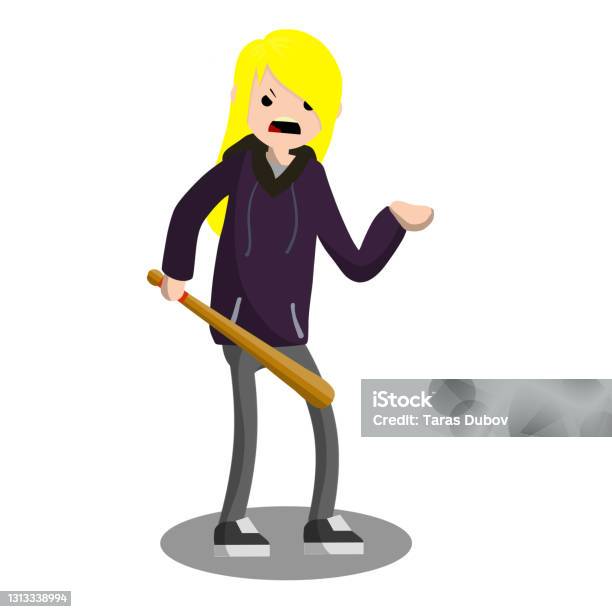Woman With Baseball Bat Is Extorting Money Problem Of Urban Security Thief At Work Extortion And Robbery Stock Illustration - Download Image Now