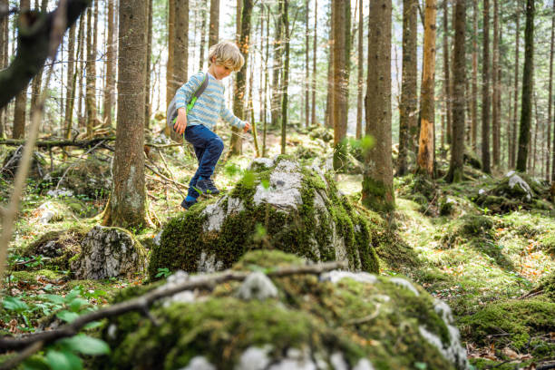 Little boy having a blast spending time in the nature. Jumping from rock to rock.