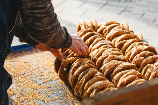 Close up sale of traditional Turkish Simit bagels