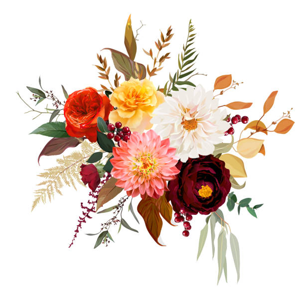 Moody boho chic wedding vector design bouquet Moody boho chic wedding vector design bouquet. Warm fall and winter tones. Orange red, rust, burgundy, brown, cream, gold, beige, coral autumn colors. Rose flower, dahlia, ranunculus eucalyptusberry fall flower stock illustrations