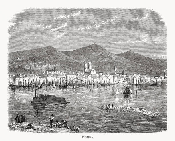 Historical view of Montreal, Canada, wood engraving, published in 1868 Historical view of Montreal in Canada. Wood engraving published in 1868. island of montreal stock illustrations