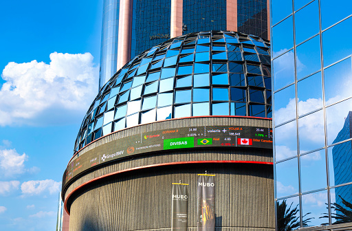 Mexico City, Mexico-25 December, 2020: A Mexican stock exchange (also known as BMV) located in Mexico City on the Paseo de la Reforma. It is a second largest stock exchange in Latin America.