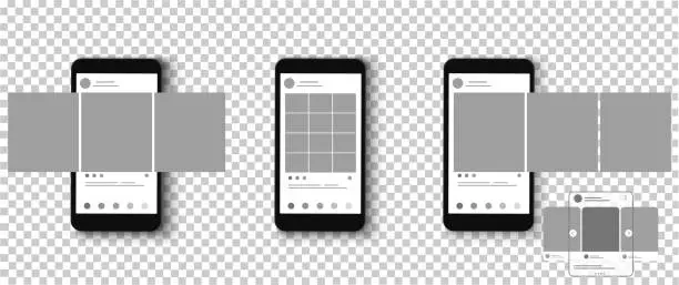 Vector illustration of Blank template, mock-up page of social media mobile app. Post, history. Tape of photos. Page interface design. Vector illustration.