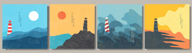 векторная иллюстрация. минималистские пейзажи современной живописи. японский шаблон наложения. современное графическое искусство. нарисо - lighthouse storm sea panoramic stock illustrations
