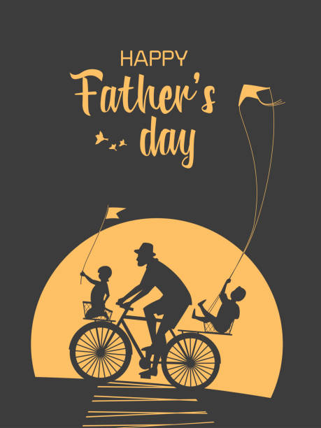 Happy Fathers Day Holiday vector greeting card Happy father, son, daughter enjoy cycling. Fathers day vector poster. Flat minimal simple style illustration. Family leisure fun activity. Dad, kid boy, girl together Holiday card, banner background funny fathers day stock illustrations