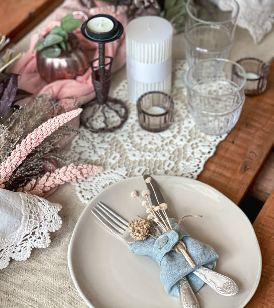 istock Close up of table setting with decorative details in vintage style. 1313348955