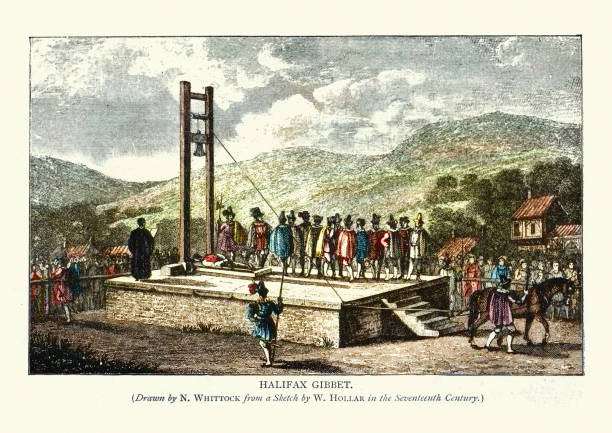 Halifax Gibbet, Public execution, Capital punishment, 17th Century Vintage illustration of Halifax Gibbet, Public execution, 17th Century. The Halifax Gibbet was an early guillotine used in the town of Halifax, West Yorkshire, England. Estimated to have been installed during the 16th century, it was used as an alternative to beheading by axe or sword executioner stock illustrations