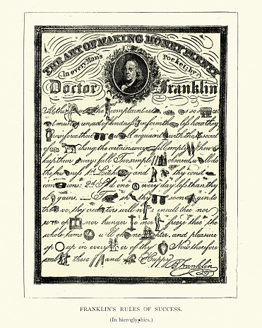Vintage illustration of Benjamin Franklin's Rules of Success in hieroglyphics