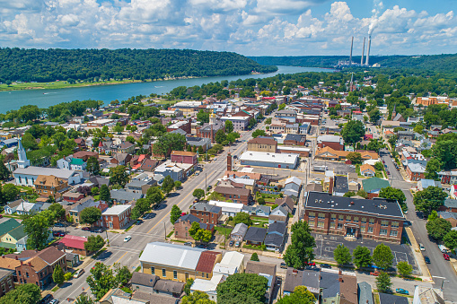 Aerial View of Scenic Madison Indiana and Ohio River