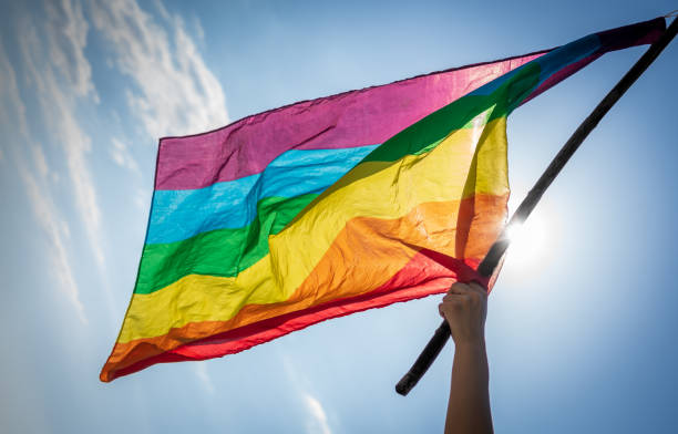 donna che sventola bandiera lgbti sotto il cielo blu - pride month foto e immagini stock