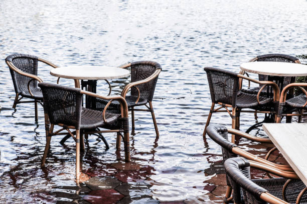 Small cafe flooded with water. Horizontal shot.