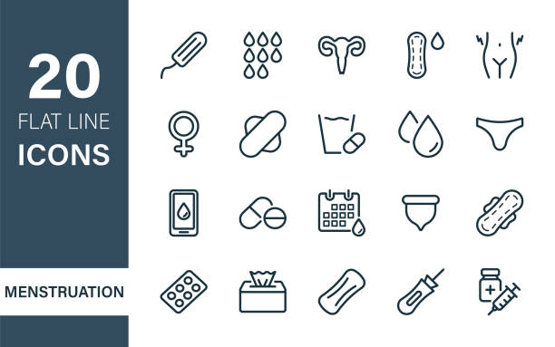 Woman Menstruation Cycle Icons Collection. Sanitary Pad and Periods of Menstruation line flat Icons Set. Periods Pad, Menstrual Cup, Tampons, Blood Drops, Vagina. Editable stroke. Vector illustration Woman Menstruation Cycle Icons Collection. Sanitary Pad and Periods of Menstruation line flat Icons Set. Periods Pad, Menstrual Cup, Tampons, Blood Drops, Vagina. Editable stroke. Vector illustration. menstruation stock illustrations