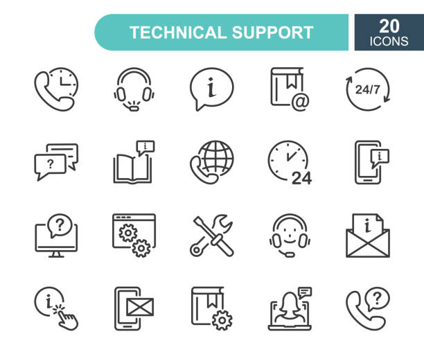 illustrazioni stock, clip art, cartoni animati e icone di tendenza di set di icone della linea guida e supporto tecnico. icone della linea assistente telefonico, guida in linea, videochat e domande frequenti. supporto internet e servizio di contatto. call center 24 ore su 24. tratto modificabile. illustrazione vettoriale - amministratore