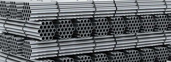 Close-up set of different diameters stainless steel round tubes. Industrial 3d illustration