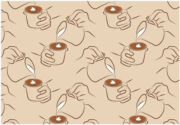 Vector illustration of Sketch drawing pattern of barista making a coffee latte art