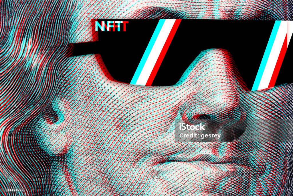 Concept cryptographic nft on a hundred-dollar bill franklin in glasses Concept cryptographic nft on a hundred-dollar bill franklin in glasses. Non-Fungible Token Stock Photo