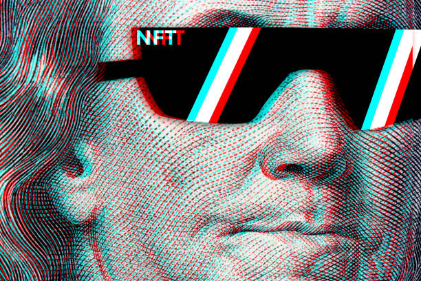 Concept cryptographic nft on a hundred-dollar bill franklin in glasses Concept cryptographic nft on a hundred-dollar bill franklin in glasses. non fungible token photos stock pictures, royalty-free photos & images