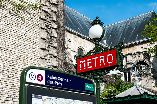 Parisian Metro signpost - Saint Germain des Près. Paris in France. April 3, 2021
