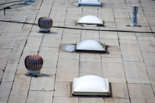 ponding water pooling on the settled flat roof, turbine vents and skylight roof windows on the rooftop of an industrial building. - roof leak imagens e fotografias de stock