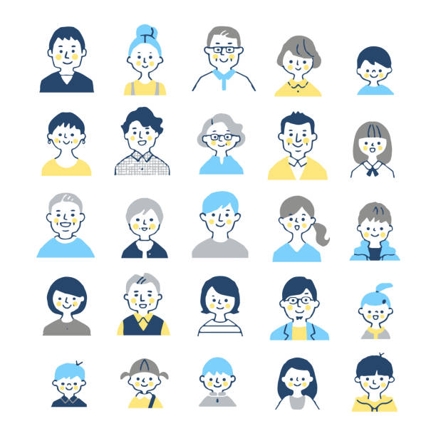 ilustraciones, imágenes clip art, dibujos animados e iconos de stock de conjunto de iconos faciales de varias generaciones - multi generation family