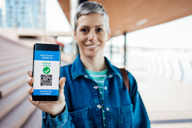 istock Woman holding a smartphone with electronic vaccination certificate 1313360306