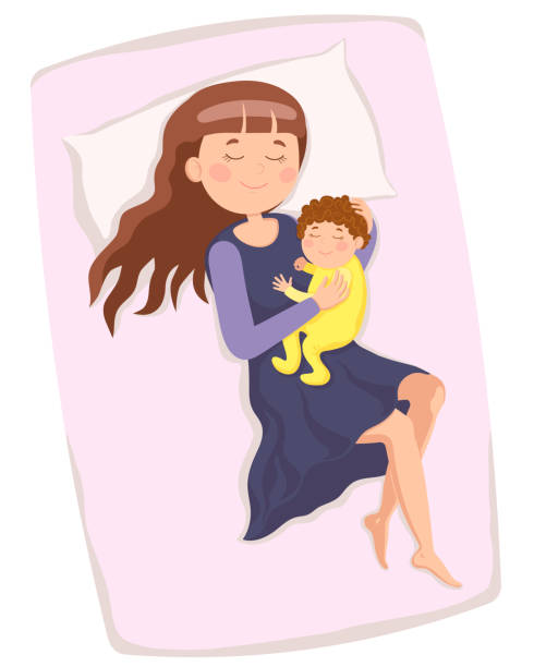 stockillustraties, clipart, cartoons en iconen met de gelukkige moeder rust met haar baby, die op het bed slaapt. - baby slaapzak