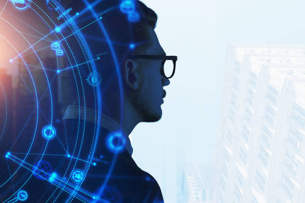 istock Businessman profile in suit and glasses, double exposure with da 1313367024