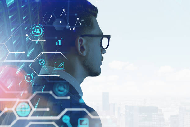 istock Businessman with double exposure globe network hologram 1313367227