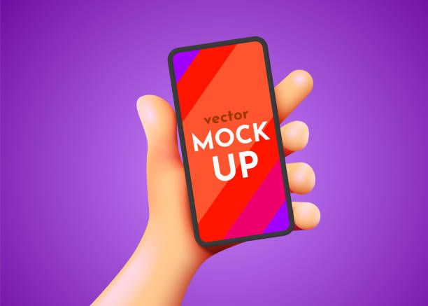 illustrations, cliparts, dessins animés et icônes de main mignonne retenant le téléphone intelligent mobile. maquette moderne. - tenir