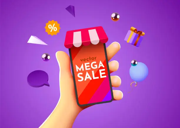 Vector illustration of Mega sale mockup. Hand holding mobile smart phone with shop app. Online shopping concept.